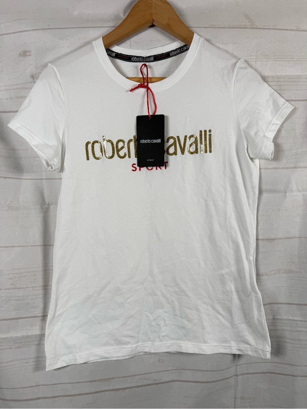 Roberto Cavalli Sport White Short Sleeve Tee with Gold shimmer Logo Size M